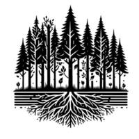 Black and white illustrative forest scene depicting trees with extensive roots, symbolizing interconnectedness and natures balance. vector