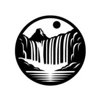 A stylized, circular black and white illustration depicting a majestic waterfall cascading into a serene lake with a mountain peak and sun. vector
