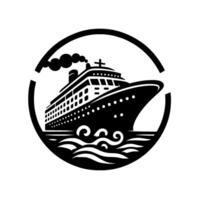 A stylized black and white illustration depicting a cruise ship sailing on stylized waves within a circular frame, emitting smoke. vector