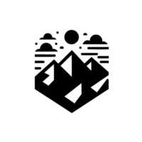 Minimalist black and white mountain and sun scene, geometric , stylized landscape within an angled hexagon shape, simple aesthetic. vector