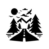Black and White Illustration of a Road Through a Forested Mountain Landscape with Birds and Sun. vector
