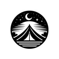 Minimalist Silhouette Camping Tent Under Crescent Moon and Starry Night, Enclosed in a Circular Frame. vector