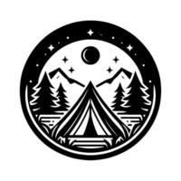 Black and white camping emblem featuring a tent, mountain range, pine trees, stars, and crescent moon inside a circular frame. vector