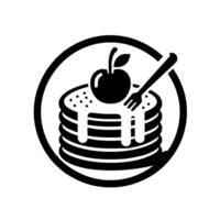 Black and White Pancake Stack Cherrytopped, dripping syrup, with a fork in a circular border. vector