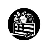 Monochrome Cake Slice with Cherries and Rooster, Spoon, in Black Circle . vector