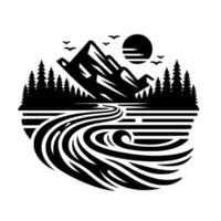 Black and white illustration mountain landscape with swirling river, pine trees, rising sun, and flying birds, presented in a circular . vector