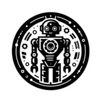 Black and White Robot Illustration Within a Circular Frame Emphasizing Mechanical and Futuristic Aesthetic vector
