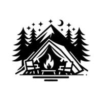 Black and white camping scene featuring a tent in front of a fire with two chairs, surrounding trees, under a night sky with stars and a crescent moon. vector