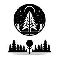 Black and White Forest Trees, Moon, and Stars, in Circular and Linear Compositions. vector