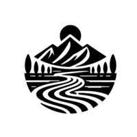 Black and White Minimalist Landscape with Mountains, River, Trees, and Sun in a Circular Composition, Evoking Serenity. vector