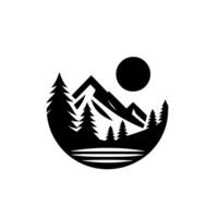 A minimalist black and white nature scene enclosed in a circle, depicting a mountain range, evergreen trees, and a sun or moon. vector