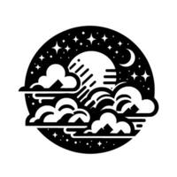 Black and white circular illustration of a stylized night sky with moon, stars, clouds, and emanating sun rays, creating a serene atmosphere. vector