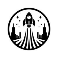 Stylized Black and White Rocket Launching Over a City Silhouette Inside a Circle with Stars, Representing Space Exploration. vector