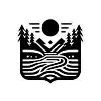 Monochromatic, stylized emblem featuring a mountain range with a sun, river, and evergreen trees, showcasing a minimalistic landscape in black and white. vector