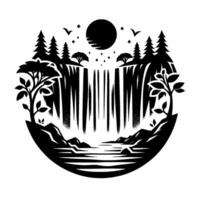 A serene, circular black and white illustration depicts a dramatic waterfall cascading into a lake surrounded by trees, mountains, moon, and stars. vector