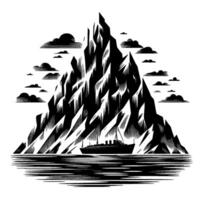 Dramatic monochrome illustration of a passenger ship navigating turbulent waters at the foot of a jagged, towering mountain range, beneath ominous clouds. vector