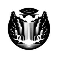 Black and White Scenic Art Stylized Circular Composition Featuring Mountainous Waterfalls, Arch Bridge, Flocks of Birds, and Serene Water Reflection. vector