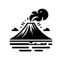 Abstract black and white illustration of an erupting volcano with simple, stylized shapes, emitting smoke, positioned above a body of water, accompanied by two cloud shapes, clean minimalist . vector