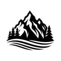 Black and White Mountain with Pines and Water, Geometric , Simple and Bold Silhouette on White Backdrop. vector