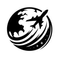 of a jet airliner flying around the globe, encircled by stylized flight paths, stars and dots, in shades of black and white. vector