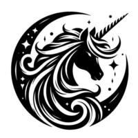 Majestic Black Unicorn Silhouette Within a Celestial Crescent Moon Surrounded by Stars in a Symbolic, Artistic Display vector