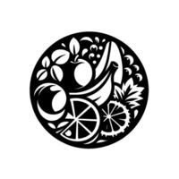 Black and white circular emblem featuring stylized fruits like apple, banana, orange slices, grapes, and pineapple within a minimalist . vector