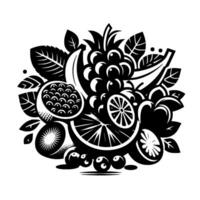 Bold Black and White Composition of a Fruit Medley Including Pineapple, Grapes, Bananas, and Citrus. vector