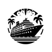 Monochromatic cruise ship encircled with palm trees, birds, and sun rays, embodying sea travel and vacation, in a circular frame. vector