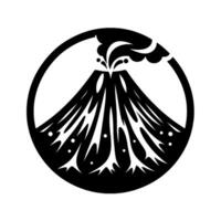 Simplified black and white of a volcanic eruption, framed by a circle, with lava and steam detail, minimalist. vector