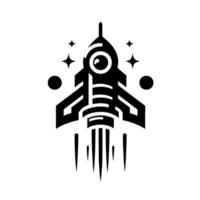 Stylized Black and White Spaceship, Surrounded by Stars and Planets, Soaring Upward with Bold Lines and Geometric Shapes. vector