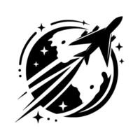A stylized black and white illustration of a jet airplane flying around a globe, accompanied by stars and flight trails, suggesting global travel and progress. vector