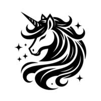 Intricate Black and White Unicorn Head with Flowing Mane and Sparkling Stars on a White Background. vector