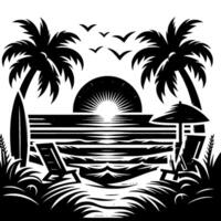 Black and white illustration of a beach scene, featuring palm trees, a surfboard, sun setting over ocean, chairs, and birds. vector