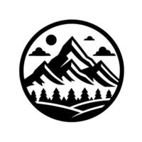 Black and White Mountain Scene Encased in a Circular Frame Silhouette of Peaks, Clouds, Sun, and Forest, Ideal for Emblems. vector