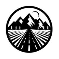 Black and white circular illustration of a mountain range, road, trees, and crescent moon, evoking a sense of journey and adventure. vector