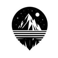 Black and white geometric emblem featuring mountains under a starry sky, reflected in stylized water, shaped like a teardrop or a pick. vector