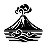 Bold Black and White Volcanic Mountain with Flowing Clouds and Water, . vector