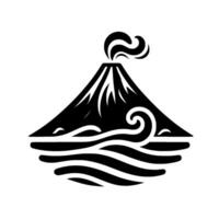 Minimalist Black and White Illustration of Volcanic Mountain with Smoke Over Rolling Ocean Waves, Representing Natures Power and Serenity. vector