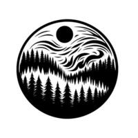 A stylized black and white illustration of a forest scene enclosed in a circle, featuring pine trees, an abstract sky, and a sun. vector
