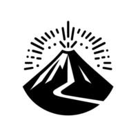 Simplified black volcano illustration with erupting center, radial lines and dots, and a path on the side, on white background. vector
