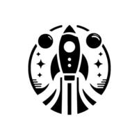 Black and White Circular Emblem Rocket Ship Ascent Amidst Stars and Celestial Spheres in Minimalist . vector