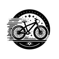 Silhouette Mountain Bike in Motion Inside a Circular Emblem with Stars and Motion Trails, Black and White. vector