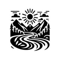 Black and white geometric illustration of a sunlit mountain scene with a winding river flowing through it, and trees, clouds. vector