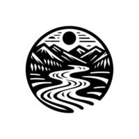 Silhouette of a serene mountain landscape within a circular frame, featuring a winding river, sun, and stylized trees. vector