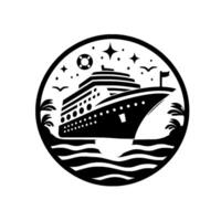 Black and White Circular Featuring a Cruise Ship Sailing at Night with Palm Trees, Stars, Birds, and Life Preserver. vector