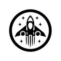 Stylized Black and White Spacecraft Emblem A Minimalist Rocket Ship Within a Circle, Surrounded by Stars, on a White Background. vector