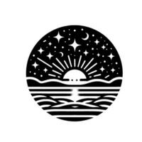 Black and White Circular Illustration SunsetSunrise over Ocean, starry sky with moon, geometric stylization. vector