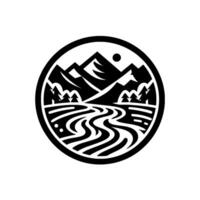 A circular black and white minimalist nature emblem with mountain peaks, a winding river, forest, and sun, creating a balanced landscape. vector