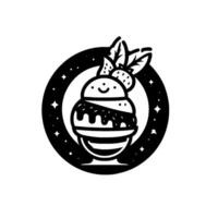 Delightful Black and White Ice Cream Sundae with Strawberries, Mint, and Stars in a Round Frame, a sweet illustration. vector
