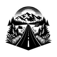 A stylized black and white mountain scene with a road leading to a vehicle, surrounded by stylized trees, grass, and a sunlike arch. vector